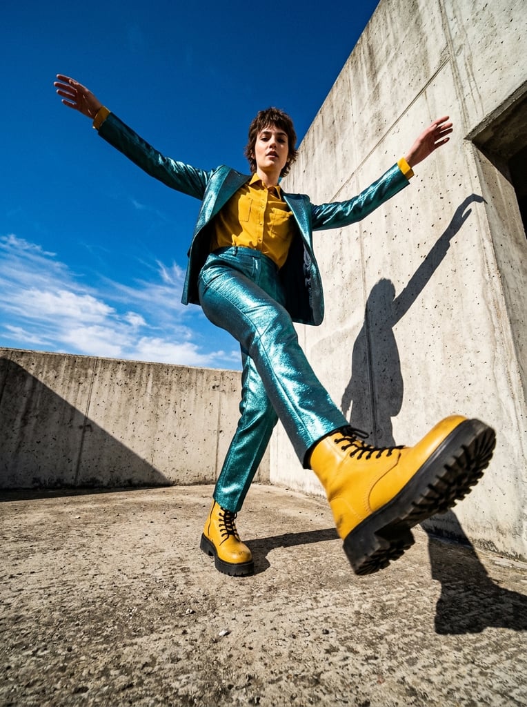 extreme low angle fashion photography, model with short hair in a shimmering metallic teal suit and mustard shirt stepping over the camera, dynamic pose with outstretched arms, chunky yellow combat boots, wide-angle lens distortion, harsh sunlight casting sharp shadows on a stark concrete wall, deep blue sky, vibrant colors