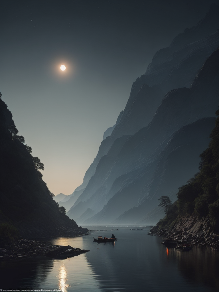 A beautiful river on the moon at dusk. the river is flowing across the moon mountain and a boatman is rowing a boat on the river. the earth is visible in the sky. hyper realistic, real, detailed, exact descriptions.