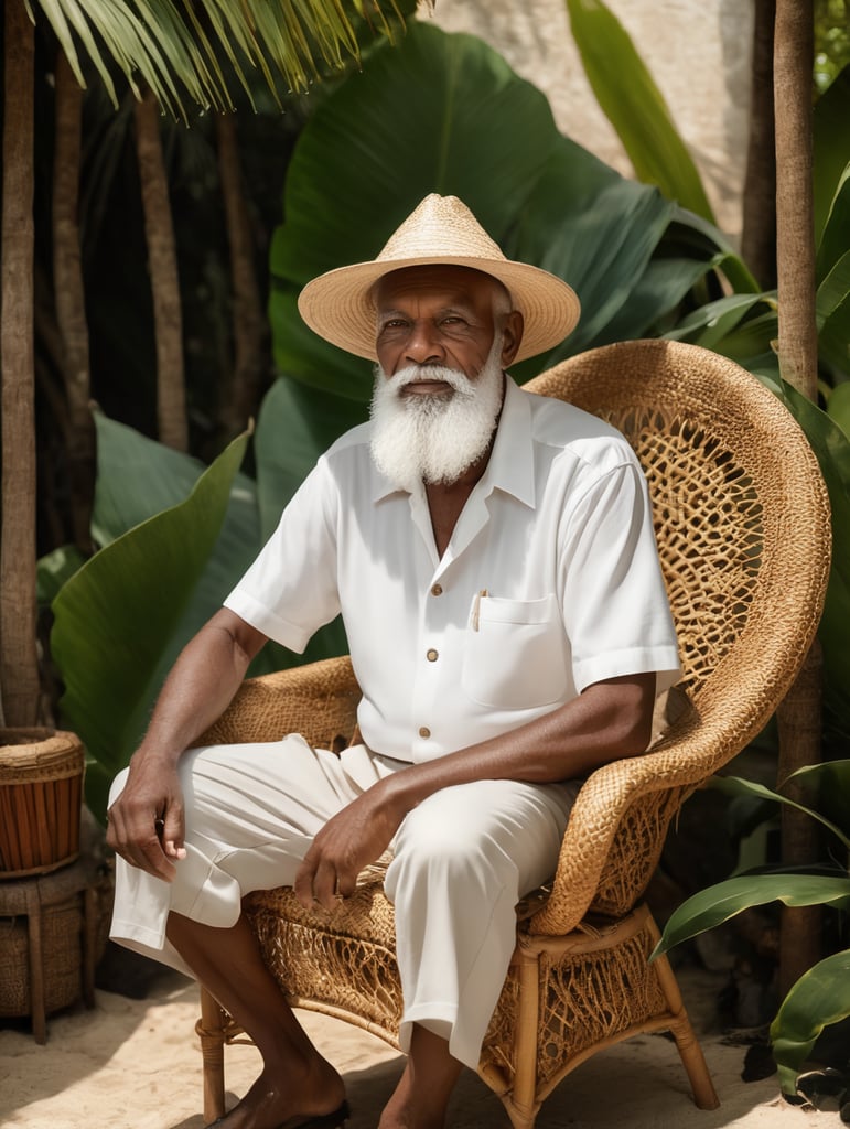 A wise old man with white beard and bakoua hat in a tropical setting, sitting on a straw chair, shot on hasselblad, shadowplay