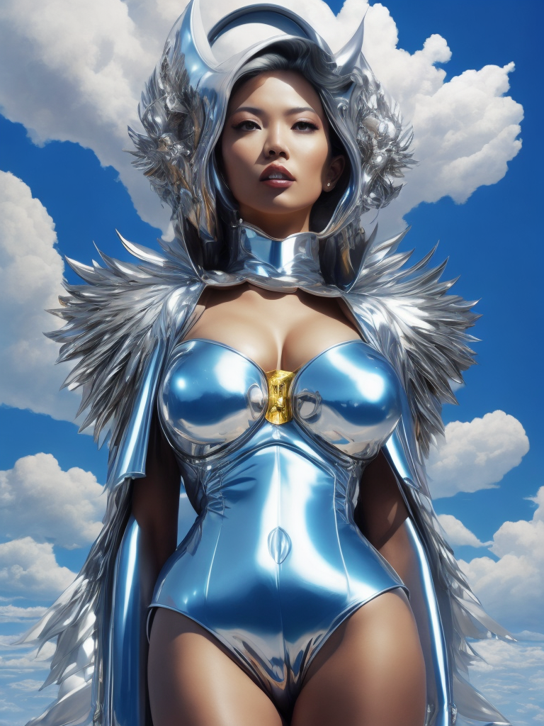 Hajime Sorayama, goddess, shining, metallic, airbrush, space, clouds, colourful