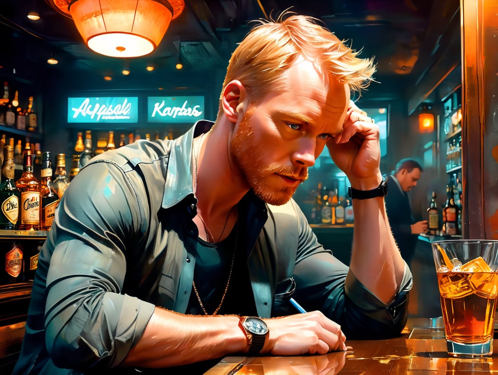 Paul Bettany down on his luck drinking scotch in a sleazy bar