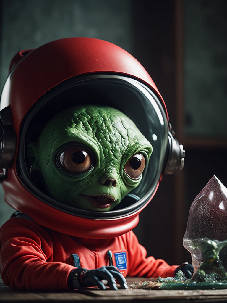 Hyper-realistic of a tiny green aggressive alien with two antennas each bearing an eye in real-life, his head on a big glass capsule helmet, garbed in a dark red astronaut suit, in an old lab looking at a grey-purple geode slimy rock is beside. The image boasts dramatic lighting, emphasizing the character's eerie yet fascinating demeanor