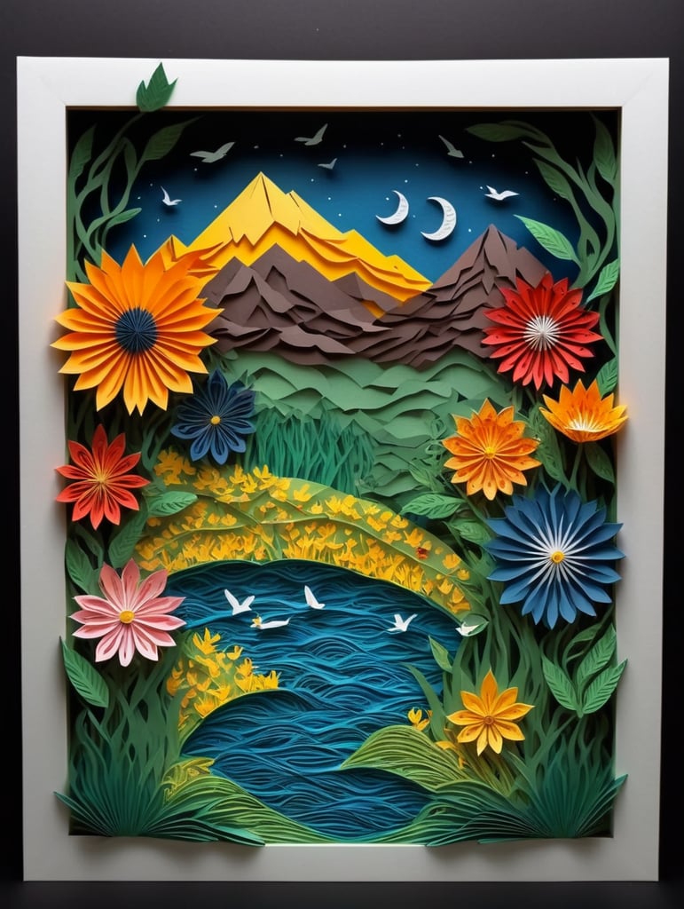 Papercut full color nature with mountain and the baeuty of lake and flower garden