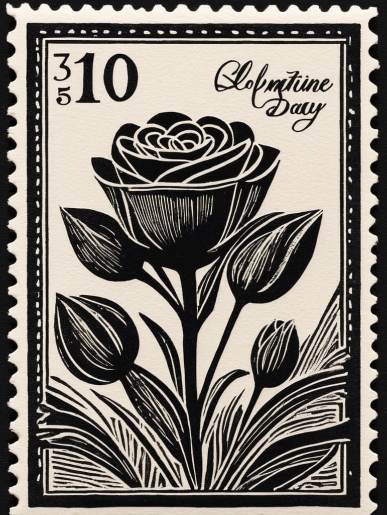 Black and white linocut postage stamp Valentine's Day thick bold dark lines