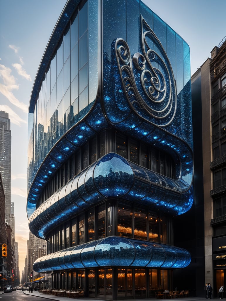 A futuristic neocosmic architectural facade of à Restaurant on the form of a musical note, in New York city, in blue glass, hyper realistic, hyper detailed, Nikon camera