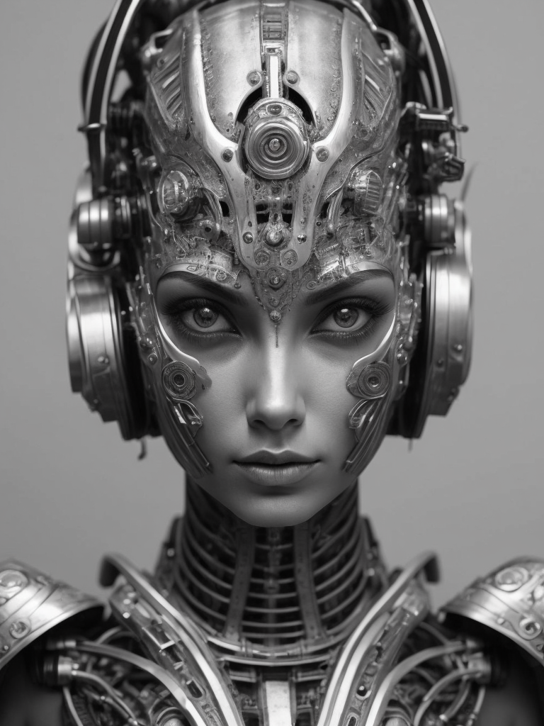 Female robot, Giger style, black and white, high contrast, metal face, many details, slim, stylized body