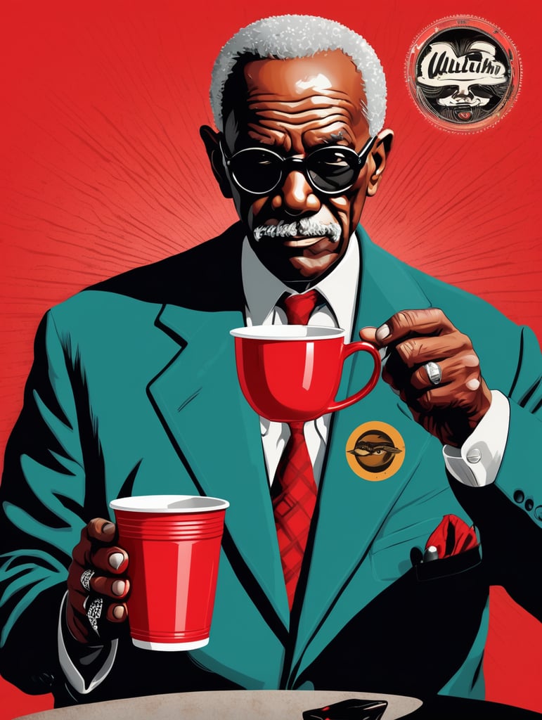 Miami black old man holding a red cup eye-catching poster-style drawing and illustration representing the iconic pulp style.