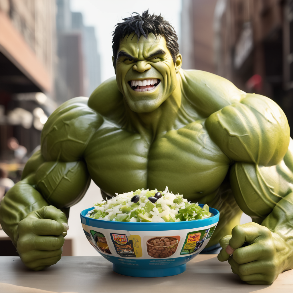 In a moment of sheer delight, Hulk stands tall with a wide grin, holding a bowl brimming with a vibrant medley of shredded lettuce, sliced olives, apple chunks topped with sunflower seeds, all drenched in Caesar dressing. Each vibrant ingredient reflects the power and energy of Hulk himself, embodying strength and vitality in every bite. As he savors the refreshing crunch of the salad, Hulk's joy radiates, reminding us that even the mightiest heroes appreciate the simple pleasures of a healthy meal.