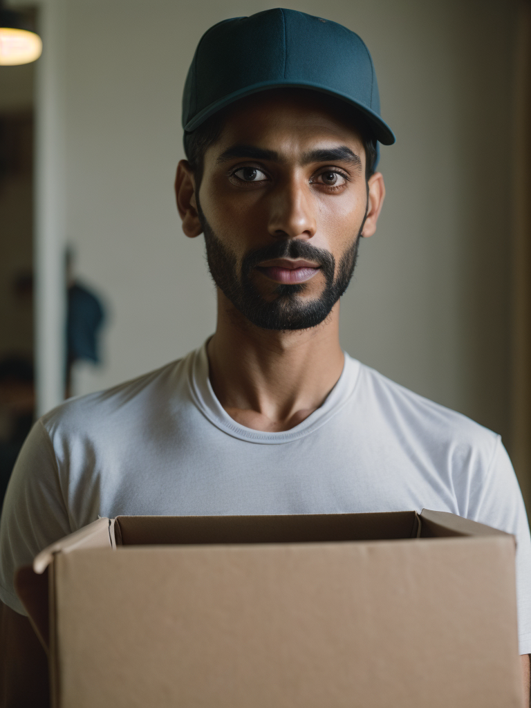 portrait of a delivery Indian man with black beard, wearing a white cap and white t-shirt, holding a box