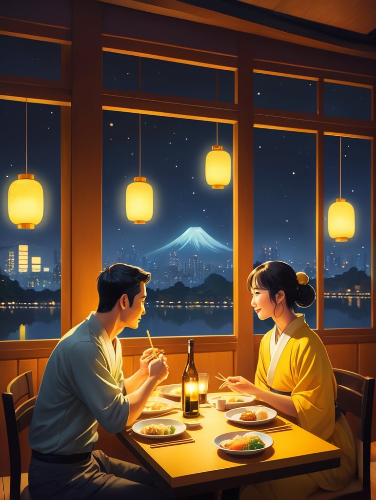 couple dinner at japanese restaurant with yellow light ambience, background big window glass with night scene, disney art style