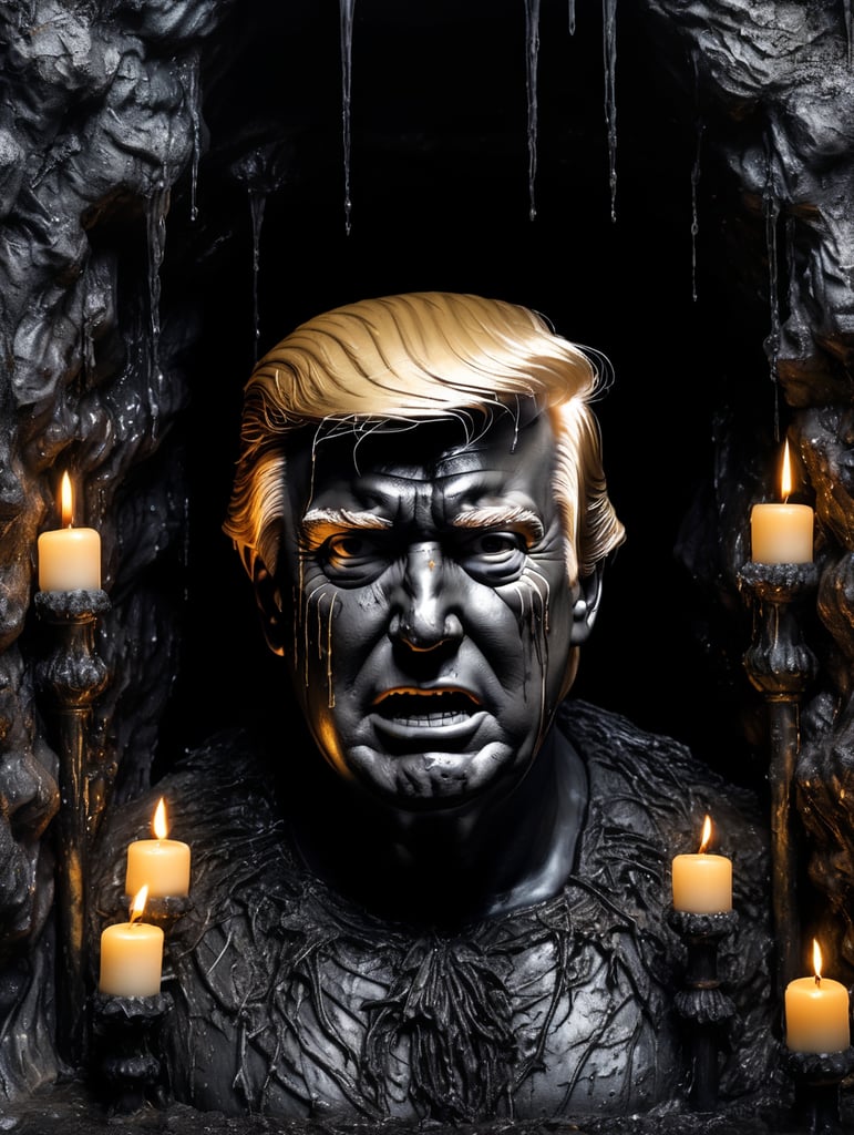 a photo of the scary Donald Trump, personification of grief covered with candles and hot wax, covering the face with its hands, black tears dripping from the cheeks, the whole statue is covered in dense cobwebs and grease, highly detailed, black isolated cave, tarnished, grunge, glowing cracks