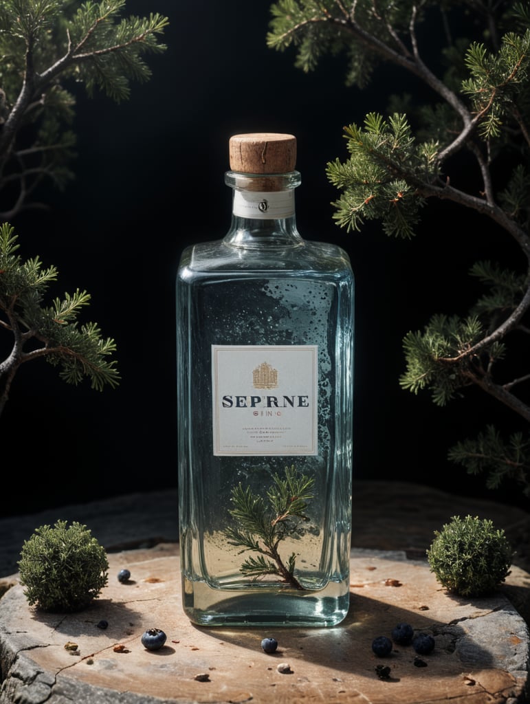 professional photography of a square gin bottle, square bottle, surrounding a juniper and juniper berries, one shot of gin in a front, no label, clear, mockup