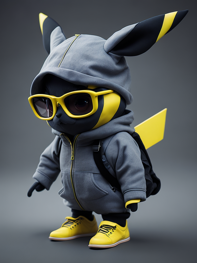 cute stylish Pikachu dressed in stylish futuristic sportswear clothes, big sneakers and a futuristic glasses