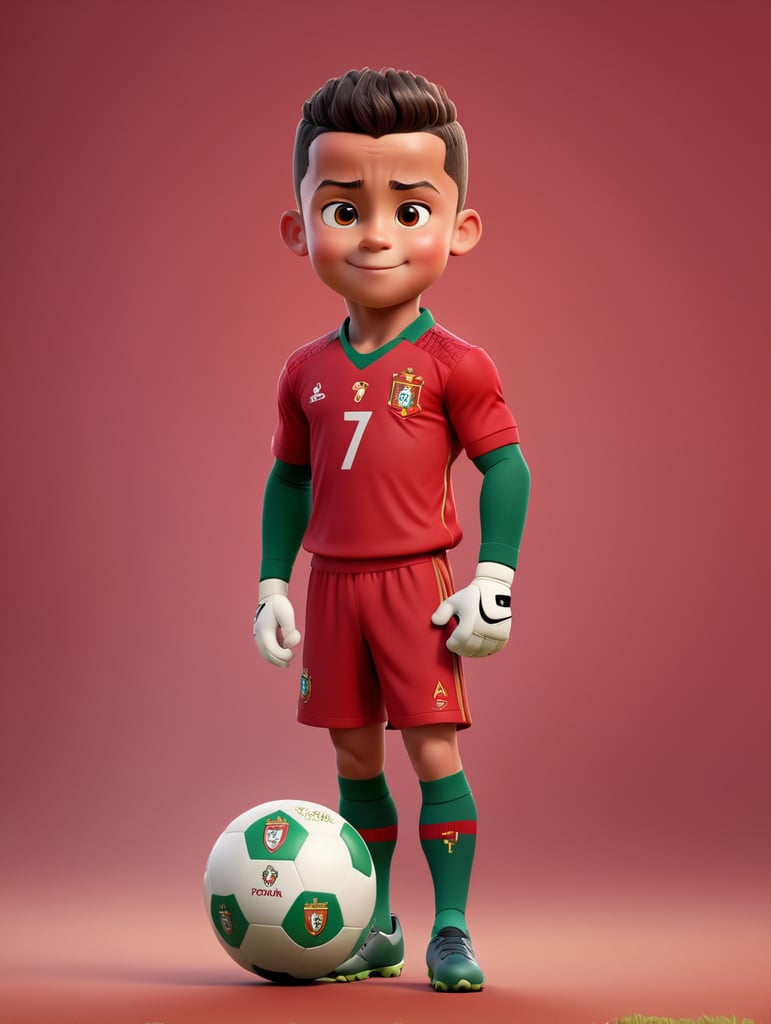 cristiano ronaldo as a kid, portugal national team kit, toon, pixar character, portrait, solid background