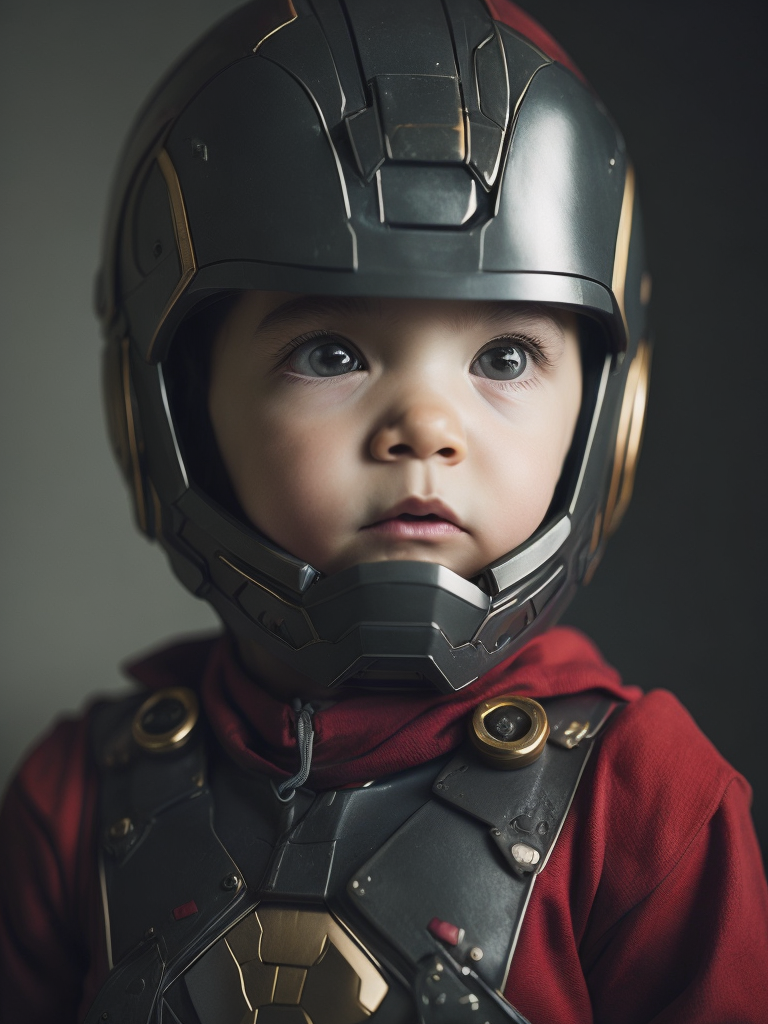 The adorable photo showcases a baby dressed in an iron man costume, capturing the essence of the iconic superhero. the little one is nestled comfortably in a red and gold onesie that mimics iron man's famous armor. the suit features meticulously crafted details, including the arc reactor on the chest and the intricate designs on the helmet. the baby's chubby cheeks and bright eyes give them an extra dose of cuteness as they gaze curiously at the camera, seemingly ready to take on the world.