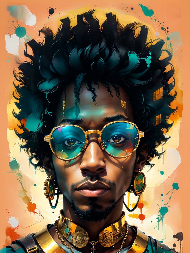 Hiphop guy with gold dollar sign glasses ,afro