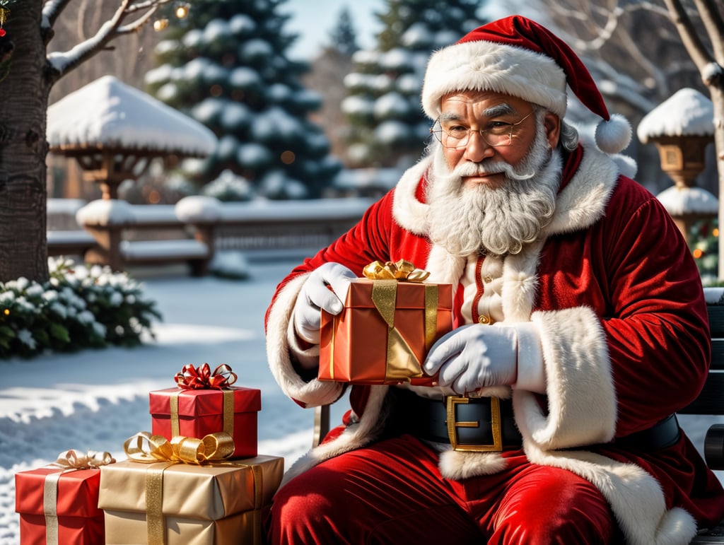 Santa Claus sitting on a snowy bench with presents