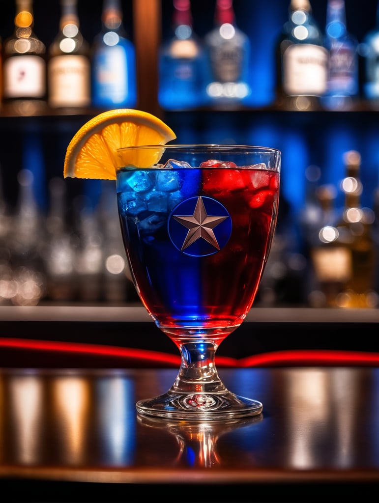 red and blue like captain america Drink Snifter Glass in a darkness bar, cinematic lighting, product shot, 4:3, 4k