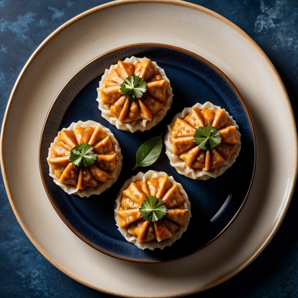 three chicken Shumai dumplings on a dark blue plate, top-down view