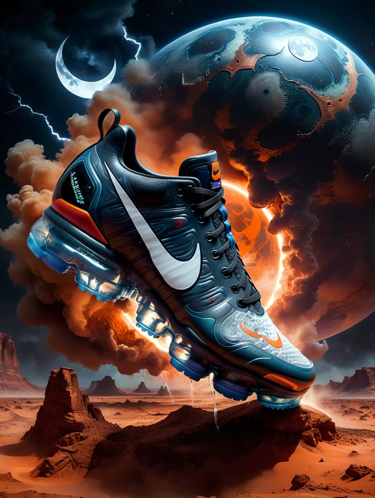 Nike Vapormax Concept Water print NASA Space Force Logo with Dark Moon in the background with Lightning on Mars atmosphere