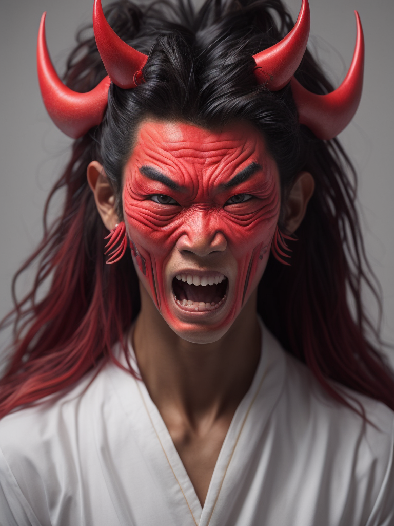 Portrait red japanese demon by Tiago Hoisel, gradient background, Depth of field, Incredibly high detail