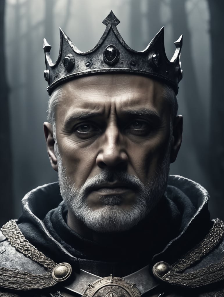 portraying a haunting or eerie aspect of King Arthur's face. Explore elements that evoke an unsettling atmosphere, making the legendary king's visage appear mysterious or ominous.