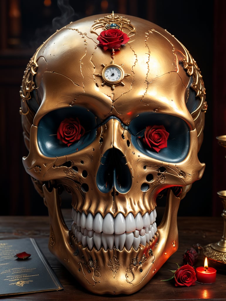 a skull and a a hourglass (Sanduhr) made with skull and sand inside, little sand remaining on top, black and red candles in room, black and red roses on the table, open book next to the hourglass, hyperdetailed, hyperrealistic, sharp focus, , Infrared, raining heavily, digital art. hyperdetailed by fluid lines background and fluid lines inside of the skull by artist "symmetrymeticulously detailed dramatic atmospheric maximalist digita unforgettable, impressive, breathtaking beauty, Volumetric light, auras, rays, vivid colors reflects, by jules verne