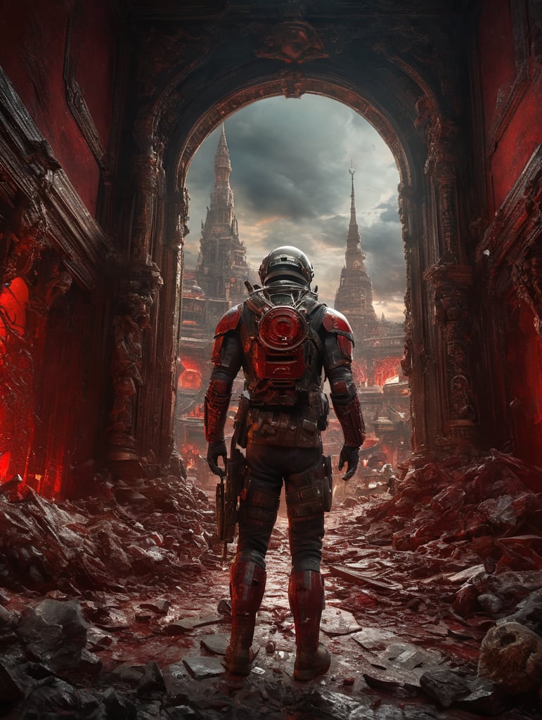 Generate an Ultra HD image of the last person on Earth in a wide-angle view, set against a dark and red-themed background