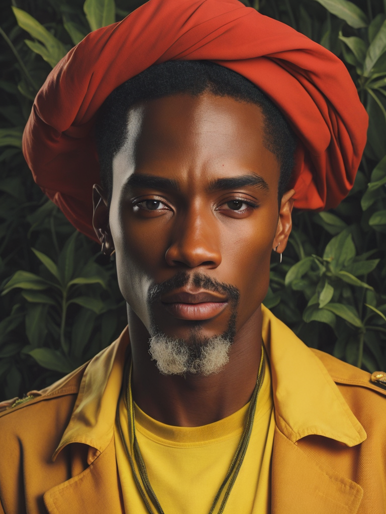 Jamaica's Man, portrait, realistic image, lots of detail, style of Mati Klarwein