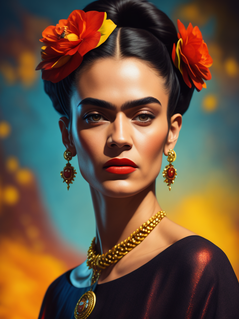 Portrait of Frida Kahlo, bright and saturated colors, elegant, highly detailed, vogue, fashion magazine, sharp focus, bright expressive makeup, dramatic lighting, depth of field, incredibly high detailed, blurred background'