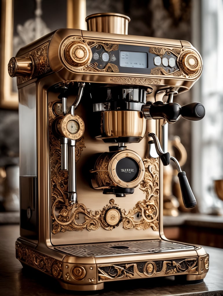 coffee maker made in steampunk style, decorated with gold, carved white plastic, ivory color, deep engraving