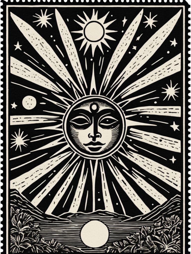 Black and white linocut postage stamp sun tarot thick bold dark lines