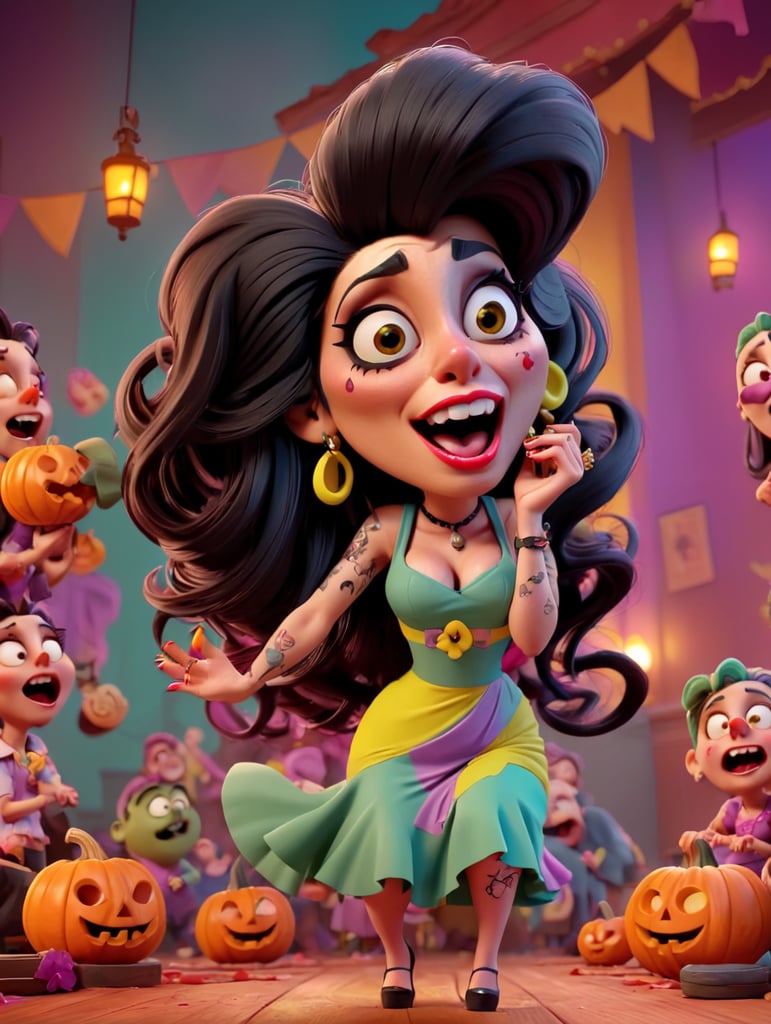 Drunken Zombie Amy Winehouse singing on stage, Halloween style, Vivid saturated colors, Contrast color