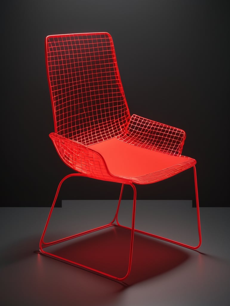 A three-dimensional model of a chair made of a neon-red regular uniform grid of streamlined squares over the entire surface of the body, for the effect of volume and depth on a dark background-there are --no mirror reflections
