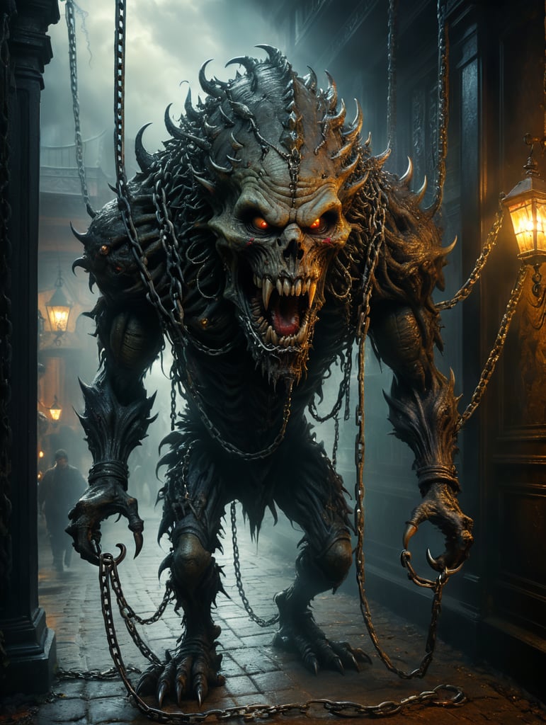 Freaky creature on chain leash. Macabre. Scary. Epic cinematic brilliant stunning intricate meticulously detailed dramatic atmospheric maximalist digital matte painting