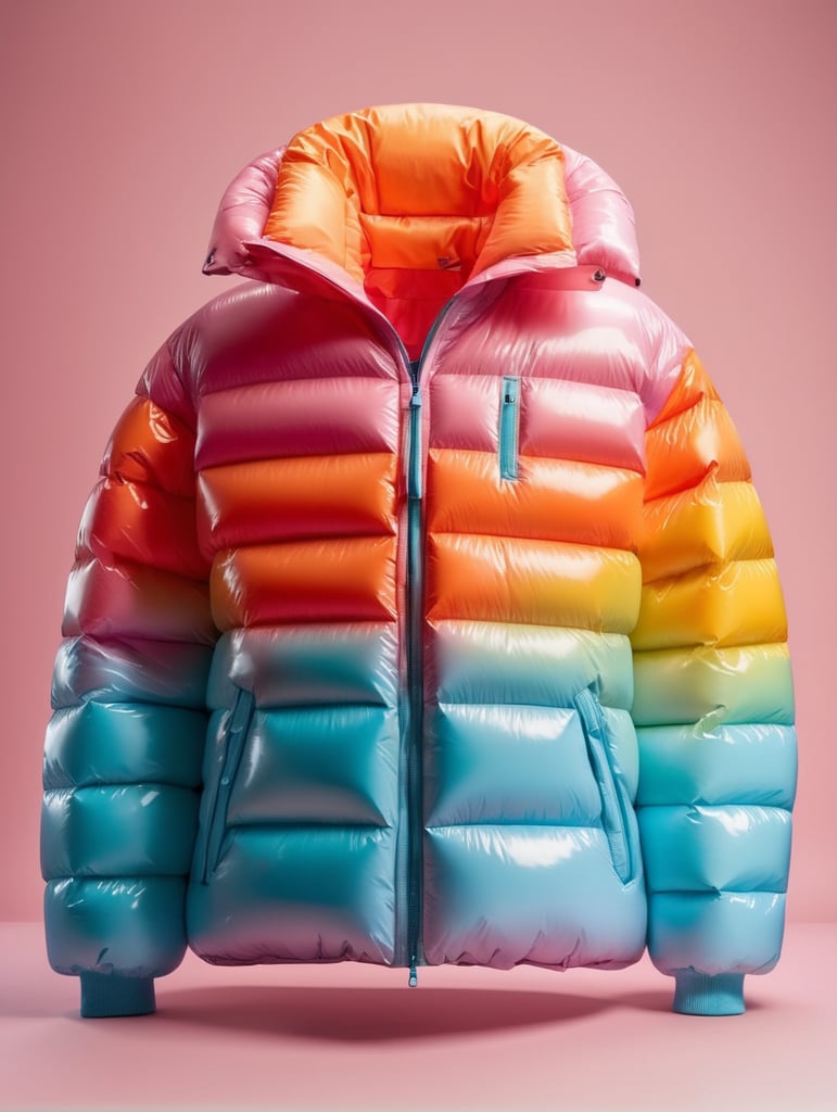 super Glossy colorful puffer jacket, oversize, on white background, isolated, mockup