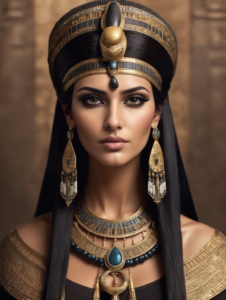 beautiful ancient egyptian queen, dark hair, dark cloth, head accessories