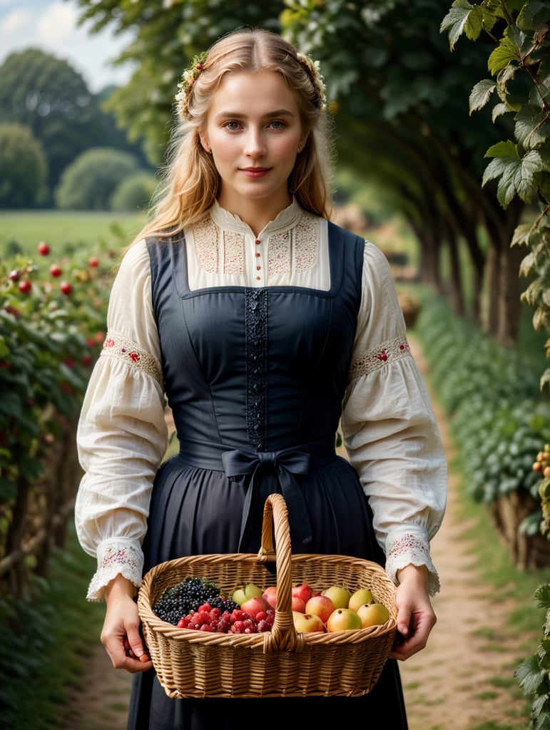 Englishwoman in traditional clothes of the 19th century. In her hands a basket with berries. The girl has light-blond hair.