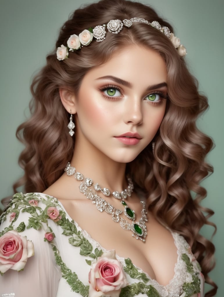 dziewczynka, białe długie kręcone włosy, duże zielone oczy, róże, kwiaty, brylanty