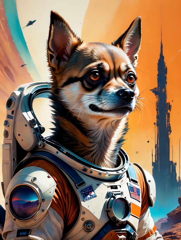 A Chihuahua like a Rocket Raccoon from Guardians of the Galaxy wearing astronaut costume on the Mars