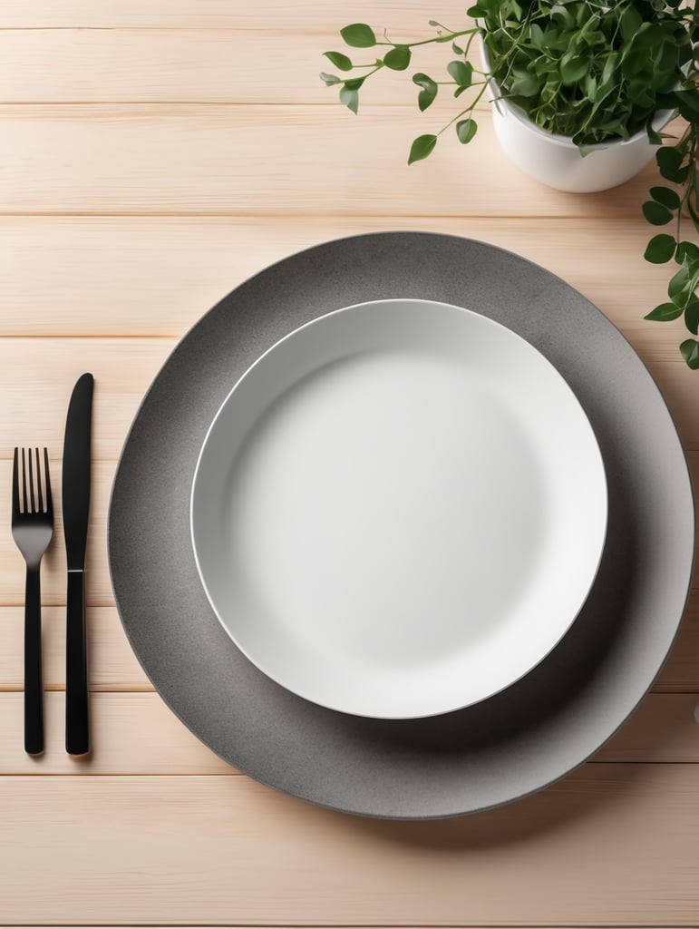 modern kitchen table, empty plate, mockup