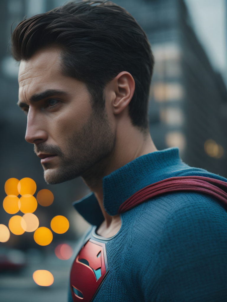 Portrait of a superman in a knitted suit, a blue suit with a red and yellow superman logo on the chest, a city in the background, a blurred background, professional shot, bright saturated colors, sharp focus, highly detailed