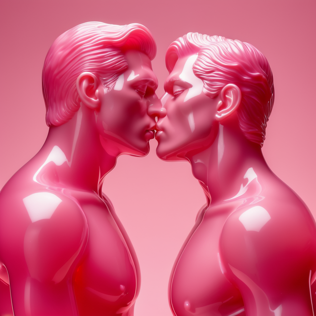 Kiss Art: Two pink translucent wax figures kissing each other, isolated, pink background