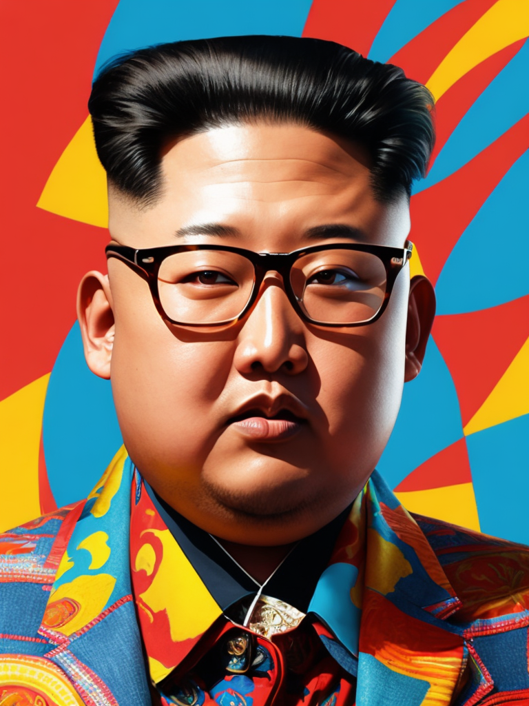 Kim Jong Un wearing a brightly patterned jacket and wayfarer glasses, Vivid saturated colors, Contrast color