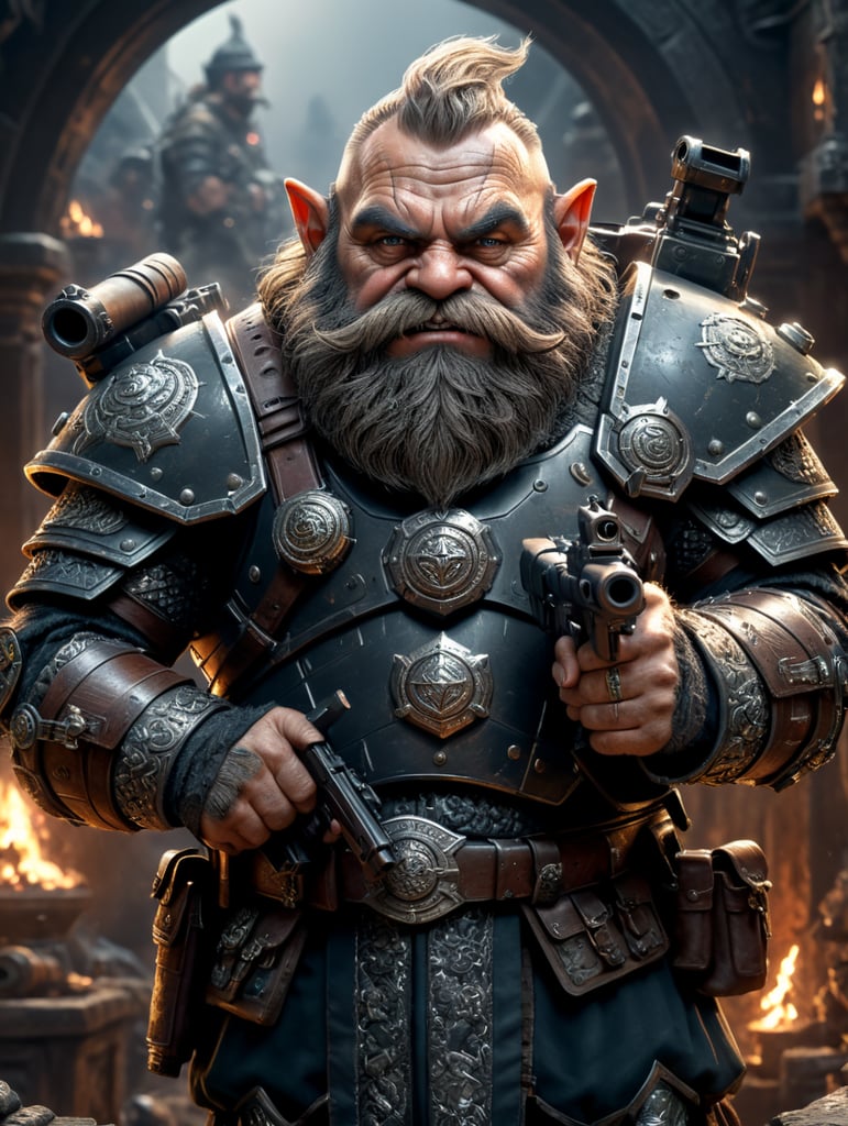 grumpy dwarf in a swat dress, pointing with a gun