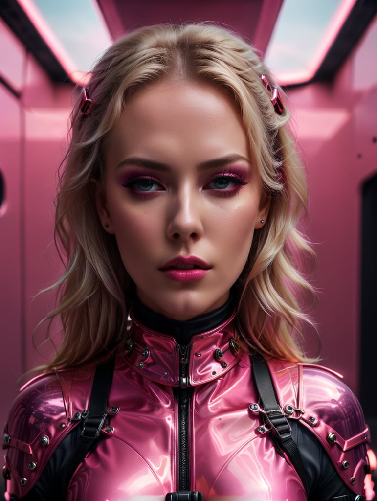A beautiful blonde female all pink sleek futuristic harness,latex boots, clean makeup, with depth of field, fantastical edgy and regal themed outfit, captured in vivid colors, embodying the essence of fantasy, minimalist