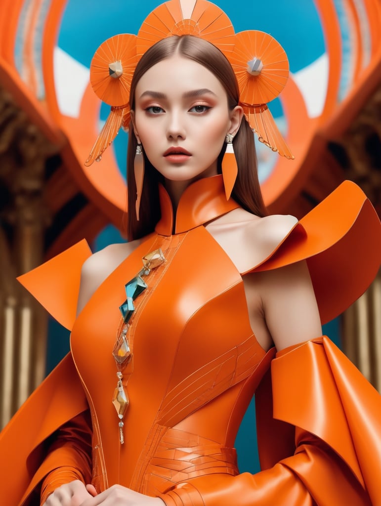 Girl in eco friendly haute couture outfit in the style of anime, surrealism, akira style. details. fine jewelry. eco friendly. Large head dress inspired by geometric shapes, architecture, constructivism