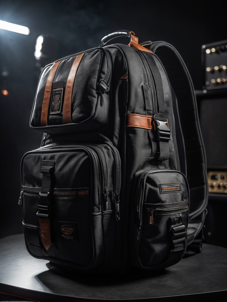a black space guitar gigbag with a magnetic thruster, on a dark background with dramatic lighting.