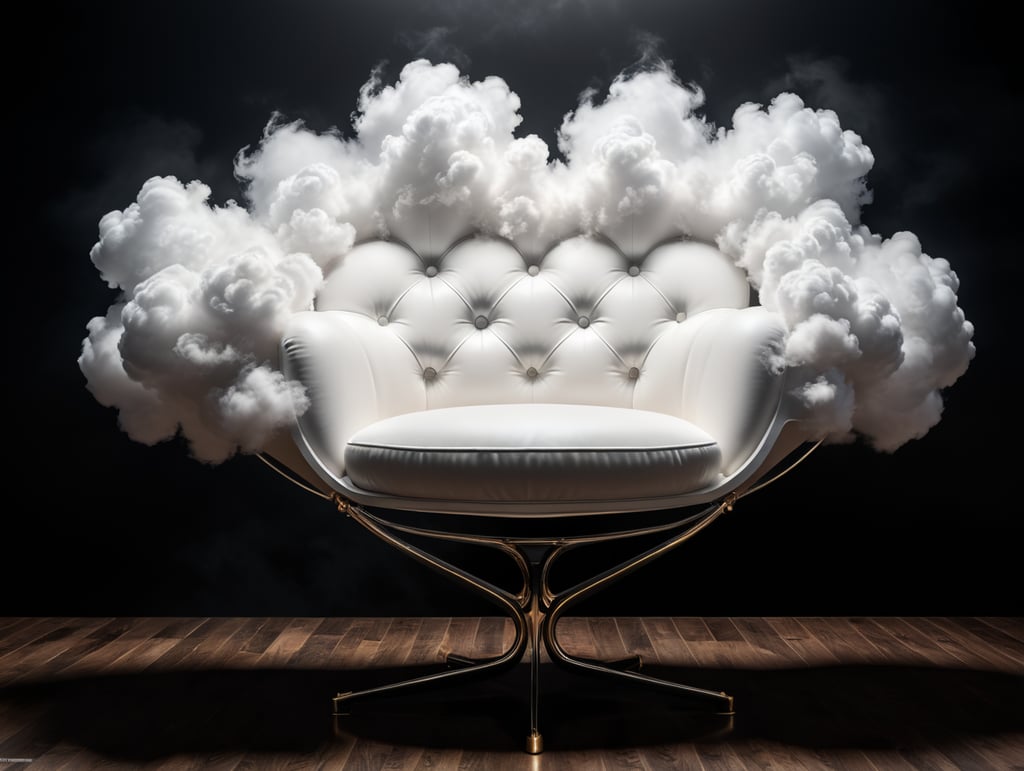 a beautiful modern chair on form of white cloud, studio shot, black background, studio light, hyper realistic, hyper detailed