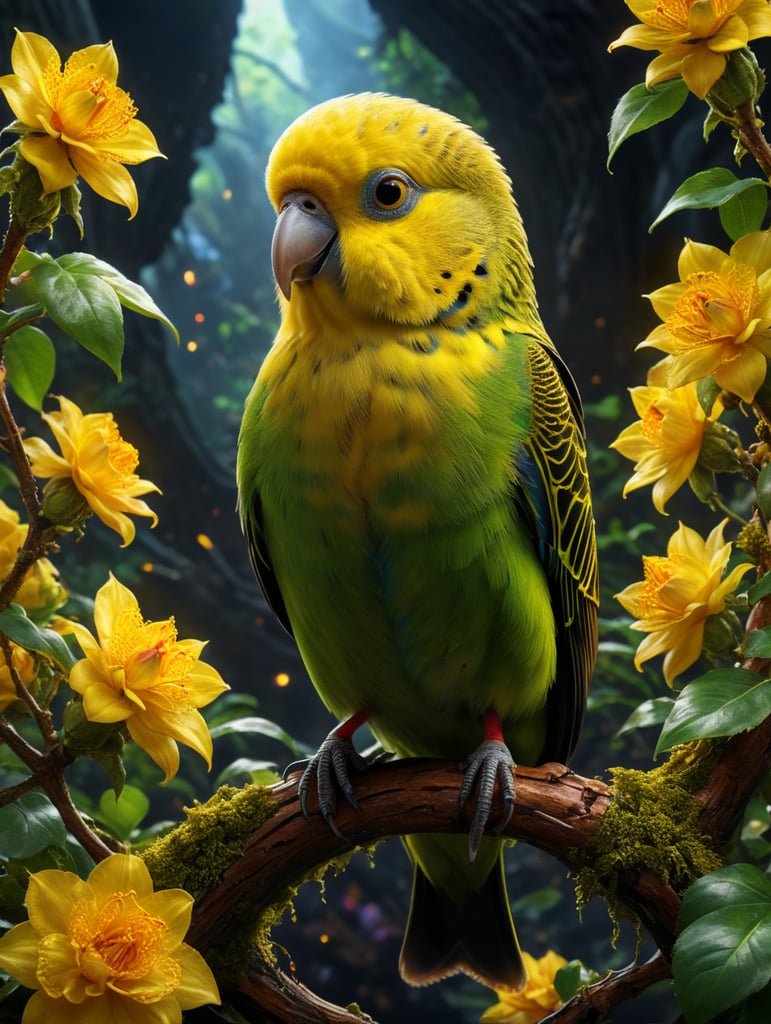 Disney Pixar inspired movie poster with the title Angela in the image а budgerigar, yellow green color.